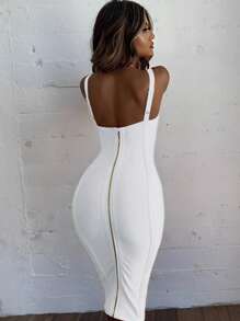 Vestido ajustado de tubo con escote en V, tirantes de espagueti y largo midi en estilo fantasía. Vestido de cóctel elegante blanco para salida nocturna, fiesta o cóctel, sexy para mujer