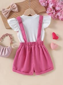 2 件幼儿女童休闲户外白色盖袖上衣 + 卡其色吊带裤套装，轻便夏季 - 玫紅色 - 查看 2