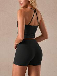 NcmRyu Women's Sexy Seamless Elastic Camisole And Shorts Activewear Set - Black - View 11