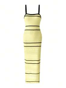 Women's Elegant Gentle Simple Black And White Contrast Striped Suspenders Slim Long Knitted Dress Sleeveless Casual Beach Hollow Out Bodycon Midi Crochet Swimwear Coverups Sundresses, Spring Summer Fall