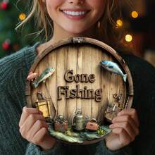 1pc Vintage "Gone Fishing" 7.87x7.87 Inch Round Metal Wall Plaque - Rustic Decor With Fish And Fishing Gear Design, Suitable For Home, Office, Bar - No Electricity Required, Indoor/Outdoor Use And Gift Giving, Fits Home, Restaurant, Cafe, Garage Decor, Various Designs, Home Decor, Room Decor, Wall Decor, Birthday Gift, Graduation Gift. Random Hole Style.