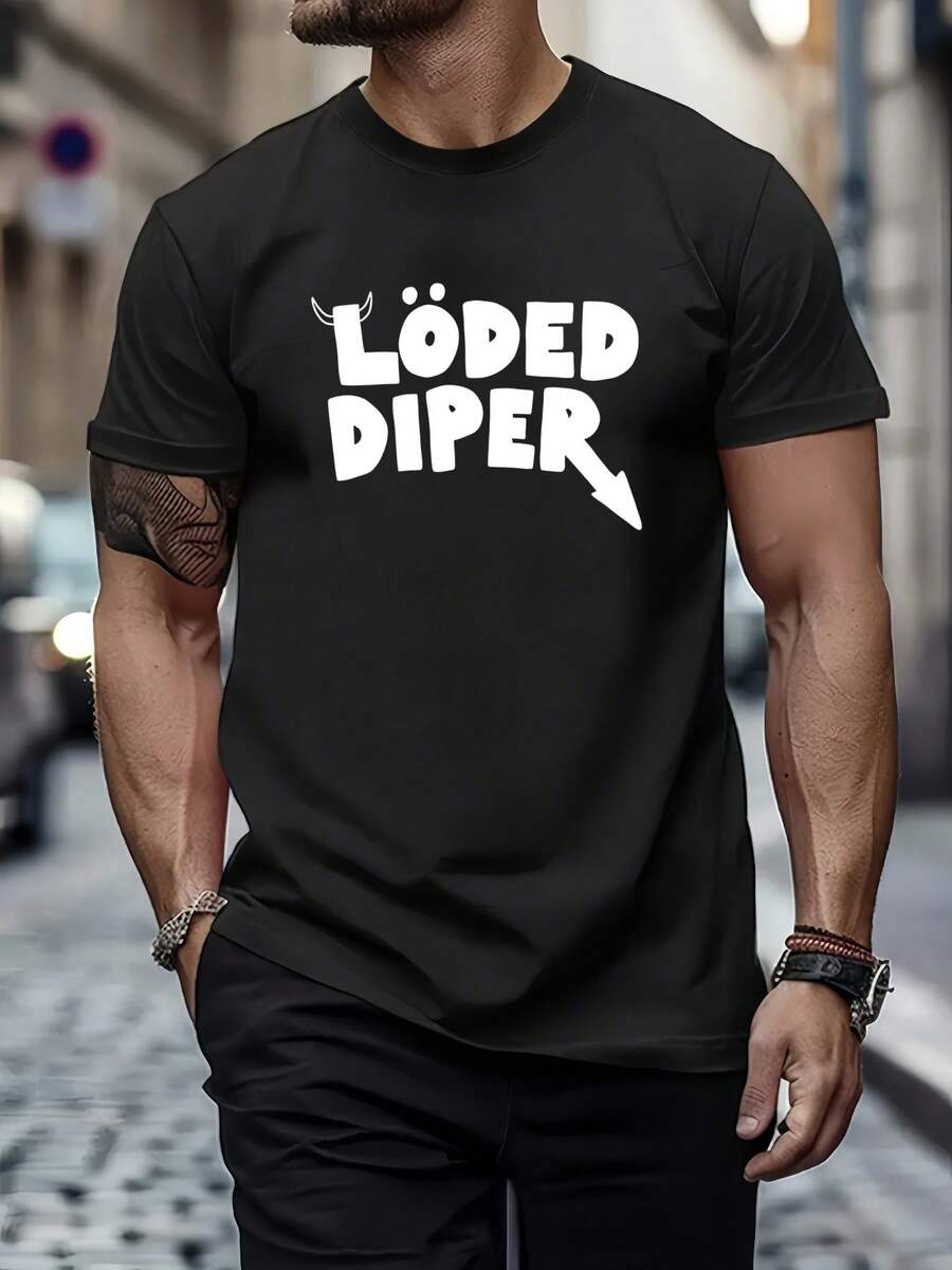 Black T - Shirt With LODED DIPER Print , Men's 220gsm New Summer Casual Crew Neck Pure Cotton Short-Sleeved T-Shirt(1 PC) - màu đen - Xem 1