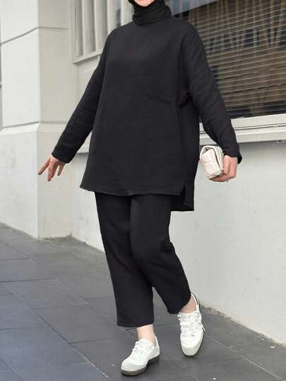 Noel için Bol Kesim Günlük Orta Doğu Arap Tarzı Düşük Omuzlu Düz Renk 2 Parça Kadın Takımı, Noel Kıyafeti, Yılbaşı Partisi Kıyafeti, Zarif Kadın Takımı, Günlük Kadın Takımı, Tatil Kıyafeti, Kışlık Giyim İlkbahar Siyah