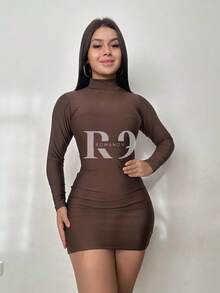 Long Sleeve High Neck Suplex Tube Dress - 鏽棕色 - 查看 1