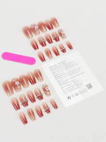 30片装短款棺材形人造指甲套装，饰以红色渐变花朵、水钻和亮片，瞬间提升您的美甲格调。套装包含1瓶啫喱和1把指甲锉，适合派对、舞会、日常或休闲场合。可拆卸、可重复使用的按压式指甲，是美甲护理产品的理想之选。 - 彩色 - 查看 3