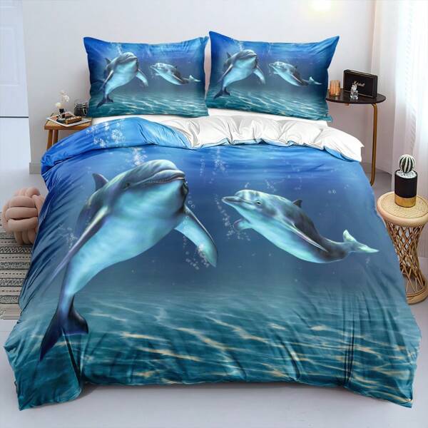 Conjunto de capa de edredom com estampa de animais marinhos azuis 3D, 2/3 peças, golfinhos, conjunto de cama, decoração de quarto para meninos e meninas (tamanho 135 x 200, apenas 1 fronha)