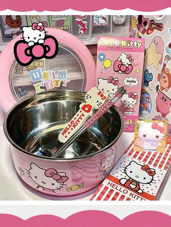 Sanrio Sanrio 1pc Hello Kitty Bento Bowl With Lid, Party Tableware, Cartoon KT Cat Lunch Dinner Salad Stainless Steel Bento Box Noodle Bowl, Party Supplies Bento Box, Sandwich Box,School Supplies