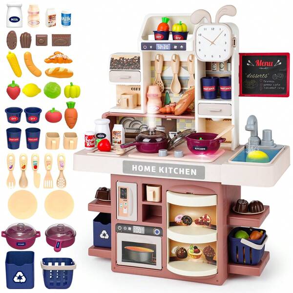 42 pièces Jouet de cuisine de simulation pour enfants - Comptoir réaliste avec eau courante et lumières, ensemble de jeu de cuisine multifonction - Accessoires de cuisson et de restauration, jouet pour une enfance heureuse, jeu interactif, cadeau pour anniversaire/Pâques/fêtes