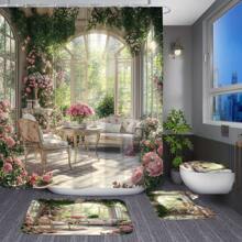 4pcs/Set Sunny Afternoon Tea Room Pattern High Quality Shower Curtain With 12pcs Plastic Hooks, Bathroom Anti-Slip Mat, Toilet U-Shaped Mat, Lid Cover, Modern Home Decor Bathroom Accessories Back To School