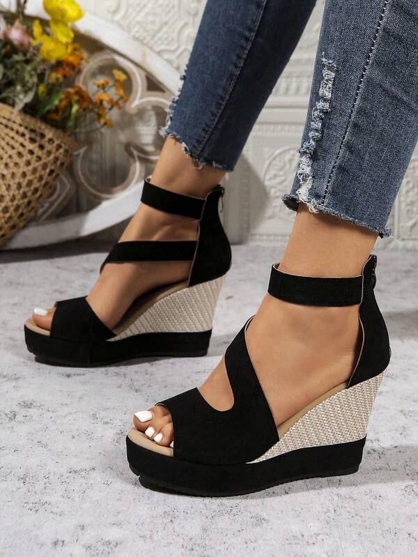 صندل نسائي أنيق بكعب عالٍ مع منصة كيلو - أخضر زيتوني، مفتوح من الأمام، إغلاق مزوّد بسحّاب، تصميم رباط أنيق، موضة صيفية، أحذية موضة حزام شريطي منصة كيلو