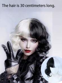 1pc Women's Fashion Curly Wig, Medium Length, Black And White - Suitable For Various Holiday Parties, Cosplay, Wig - Black and White - View 2