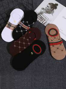 5 Pairs Women's Letter & Stripe Pattern French Luxury Vintage Style Versatile Invisible Liner Socks