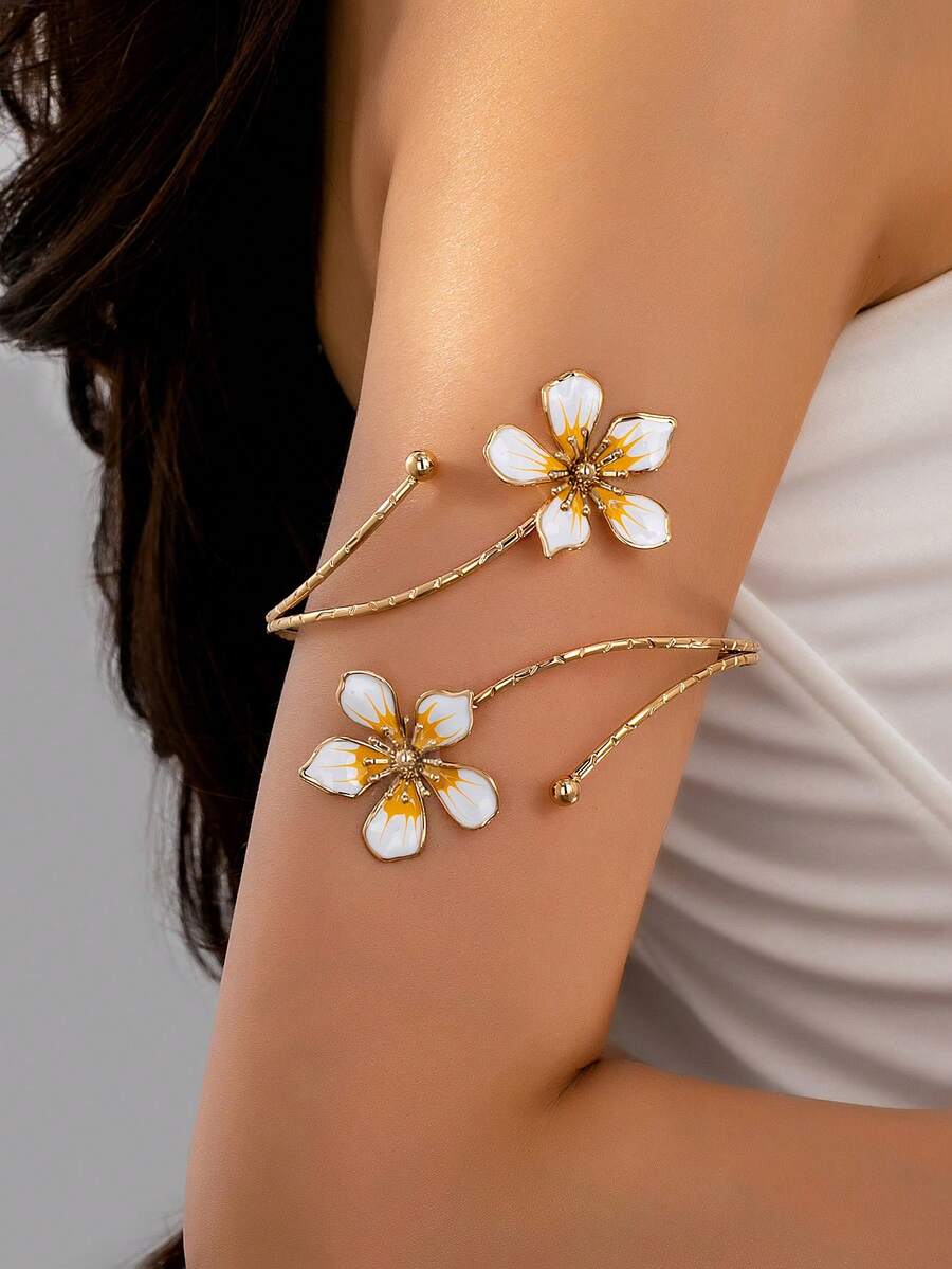 1 chiếc vòng tay hở thời trang mặt hoa cho phụ nữ, trang phục đi nghỉ - trắng - Xem 1