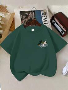 Boys' Beach Print Round Neck T-Shirt, Spring/Summer Boys' Casual T-Shirt, Soft Top - Dark Green - View 2