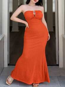 abyoxi 加大码橙色性感深 V 领抹胸修身鱼尾下摆长裙，金属装饰，开领纹理面料，休闲通勤，简约优雅海滩度假装，辣妹风格，春夏新款女装 - 珊瑚橙 - 查看 4