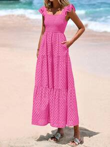 Women's Summer Square Collar Long Dress With Sleeve Cap Hole Eye Ruffles Layered A-Line Casual Vacation Long Skirt With Pockets - 熱粉紅色 - 查看 3