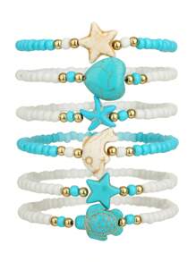 6pcs/Set Adorable Turtle & Starfish Beaded Bracelets, Suitable For Teens Beach Vacation Or Friendship Gift