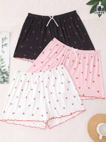 3pcs/Set Plus Size Women Cherry Print Knit Sleepwear Shorts Pajama Set