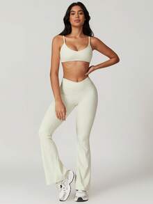 MASKERT 女士休闲紧身瑜伽背心和打底裤套装，高弹力跑步运动服套装，瑜伽服套装 - 奶油白 - 查看 1