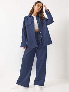 BIANCO LUCCI Conjunto de 2 piezas de ropa casual para mujer: Chaqueta de bolsillo de manga larga y abotonadura sencilla, y pantalones - Azul Marino - Ver 6