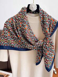 1pc Fashionable Flower Print Polyester Square Scarf, Casual Bohemian Style For Dress - Multicolor - View 2
