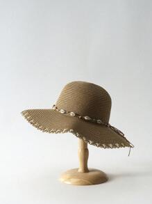 Tropiscape Pălărie de paie cu fundă Boho, decor de scoici artificiale, toamnă