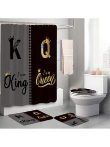1pc/4pcs Crown Shower Curtain Sets With Rugs, King, Queen Shower Curtain Set With Rugs, Toilet Lid Cover And Bath Mat, Modern Bathroom Decor With Bath Mats And 12 Plastic Hooks Bathroom Accessories - Multicolor - View 4