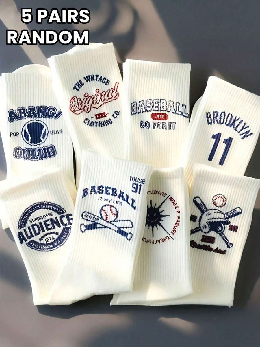 5 Pairs Unisex Personalized Baseball Letter Print Socks, Soft Comfortable Street Sports Style Crew Socks, Suitable For Everyday Wear, Fall - Multicolor - View 1