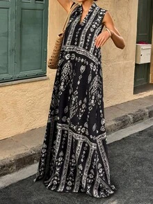 女士无袖V领休闲长款连衣裙，随机印花，优雅夏季款 - 彩色 - 查看 2