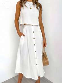 Women's Solid Color Sleeveless Top + Casual Loose Front Button Decoration Skirt 2 Pieces Set, Summer Outfit