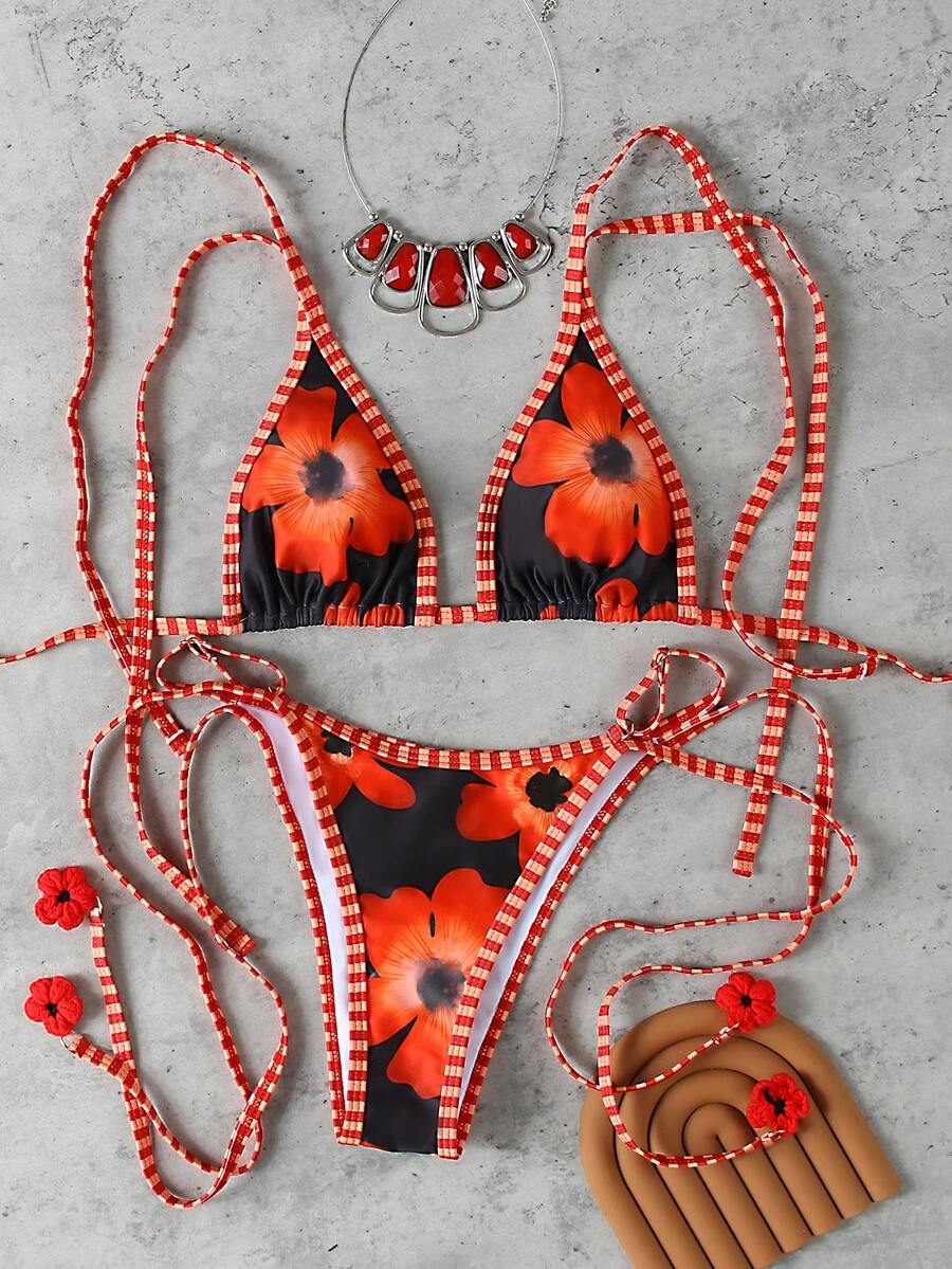 女士夏季花卉印花性感比基尼套装