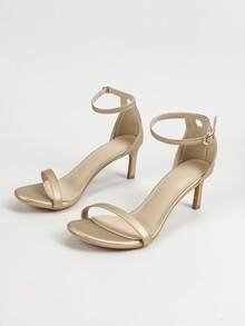 Sandales à talons hauts minces avec bride à la cheville et bout ouvert sexy pour femmes, sandales à talons hauts de soirée à bout rond, mode et polyvalentes - Doré - Voir 6