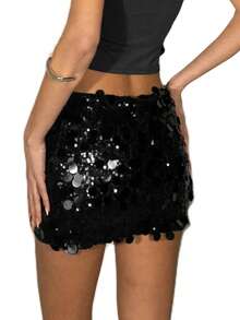 Women Summer Mini Skirts Casual Elegant Sparkling Sequins Bodycon Skirt For Beach Vacation Club Streetwear - 黑色 - 查看 6