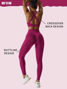 MFVIM Women's Criss Cross Tank Top & High Waist Leggings & Zip Up Jacket Tracksuits Set, Comfy Three Pieces Set For Yoga Gym Running, Athletic Wear, Ladies Sportswear For All Seasons, Activewear, Gym Clothes Women, Workout Sets Women, Legging Fitness, Yoga Pants - 玫瑰紅 - 查看 2
