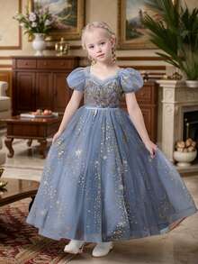 Tween Girls' Party Dress Long Gown, Luxury Wedding Banquet Princess Dress, Short Puff Sleeve Summer - Grey - View 4