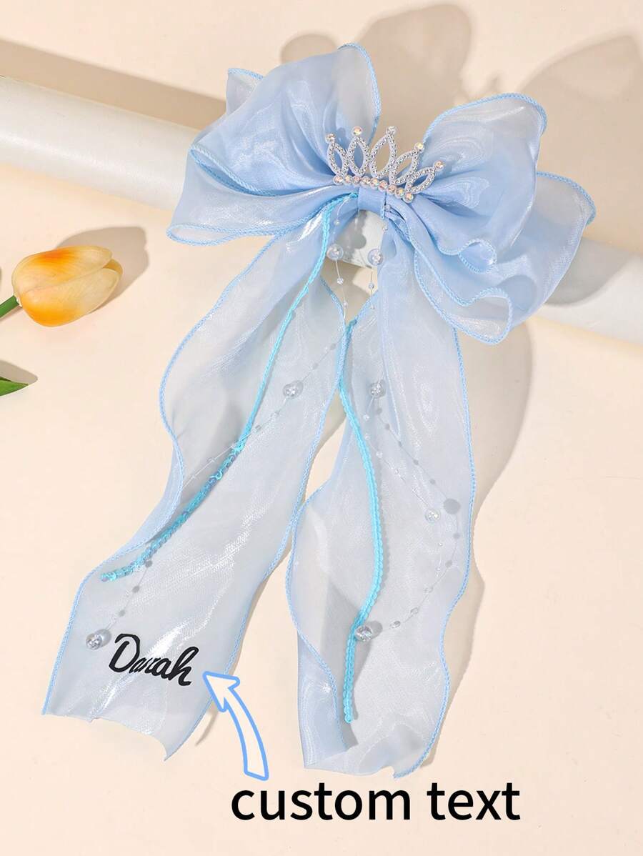 1 Stück individuell gestaltete blaue Mesh-Haarschleife für Mädchen, personalisierte Namenenschleife, Haarspangen mit glitzernder Strass-Krone, Quasten-Dekor, elegante Prinzessin Haarstyling-Clips, Sommer-Haarspangen, Kinderhaar-Accessoires