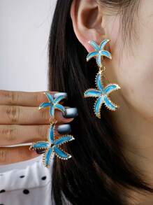 Fashionable Exaggerated Personalized Resort Style Starfish & Five-Petal Flower Women Earrings, Turquoise Five-Pointed Star Earrings Suitable For Resort Wear