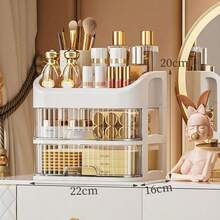 3-Shelf-5-Shelf Cosmetic Organizer, Dressing Table Cosmetic Organizer With Drawers - Spacious Storage Space For Skincare Products, Brushes, Eyeshadows, Lotions, Lipsticks, Nail Polishes - Perfect For Dressing Tables, Bathrooms, Bedrooms And Vanities - 杏色3層 - 查看 5