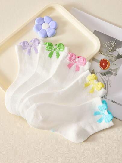 4 Pairs Of Children's Crew Socks With Colorful Three-Dimensional Bows, White Mid-Calf Socks For School Wear, Ankle High Fun Cute Athletic Running Socks,Sweet Princess Socks For Summer/Autumn/Winter,Beautiful Gifts For Girls,Fit 1-12 Years,Random Color