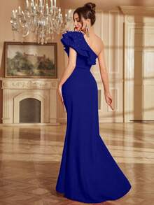High Slit Beaded Back Ruffled Hem Fitted Cocktail Party Dress, Spring/Summer, Elegant - Royal Blue - View 3