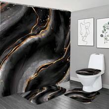 1/4 jeux de rideaux de salle de bain avec imprimé marbre noir pour la décoration d'automne, comprenant un rideau de douche imperméable, un tapis antidérapant, un couvre-siège de toilette et un tapis en U, un kit de rideaux complet avec 12 crochets, décoration de salle de bain, cadeau de fête des mères