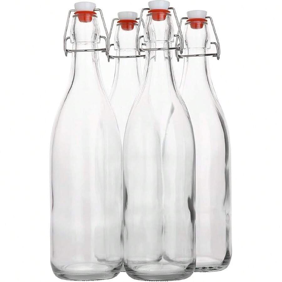 Flip Top Glass Bottle [1 Liter / 33 Fl. Oz.] [Pack Of 4] – Swing Brewing Bottle With Stopper For Beverages, Oil, Vinegar, Kombucha, Water, Soda, Kefir – Airtight Lid & Leak Proof Cap – Clear-Bxl - 4 - 查看 1