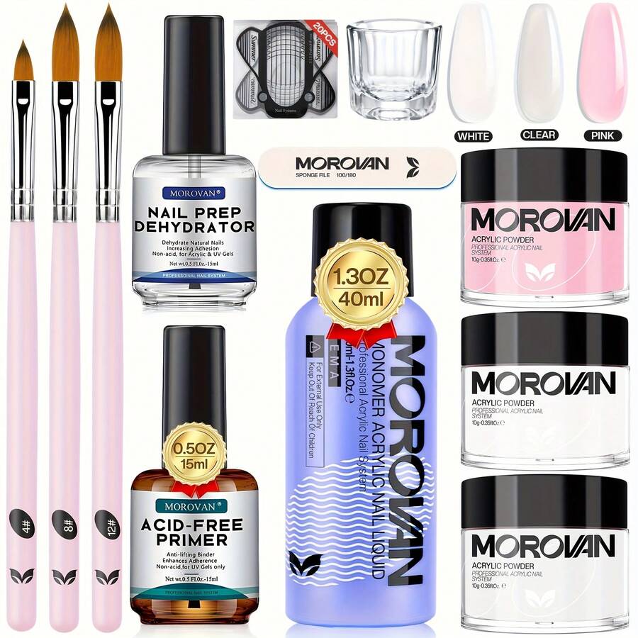 Morovan 3 Colors Acrylic Powder Manicure Kit - Beginner DIY Nail Extension, Including 15g Acrylic Powder *3 And Liquid, Nail Brush, Salon Quality Home Manicure Tools Holiday Gift - multicolour - View 1