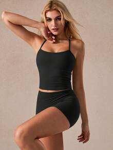 NcmRyu Women's Sexy Seamless Elastic Camisole And Shorts Activewear Set - Black - View 5