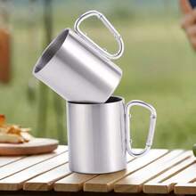 Stainless Steel Double-Layer Water Cup, Metal Coffee Mug, Outdoor Camping Hanging Cup, Mountaineering Carabiner Handle, 200ml/300ml Options, Suitable For Outdoor Camping, Picnics And Outdoor Adventures - Silver - View 9