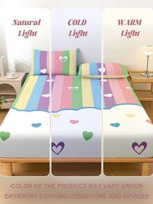 1pc Soft & Comfortable Fitted Sheet, Skin-Friendly Mattress Protector, Suitable For Twin/Full/Queen/King Size Bed, Geometric/Rainbow Pattern, Machine Washable, Great For Holiday/Valentine's Day Gift - Multicolor - View 9