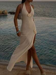 Yueweiniel 优雅V领半透明手工刺绣花卉针织白色吊带长裙，侧开衩，修身剪裁，适合夏季海滩、情人节、音乐节等场合。 - 白色 - 查看 5