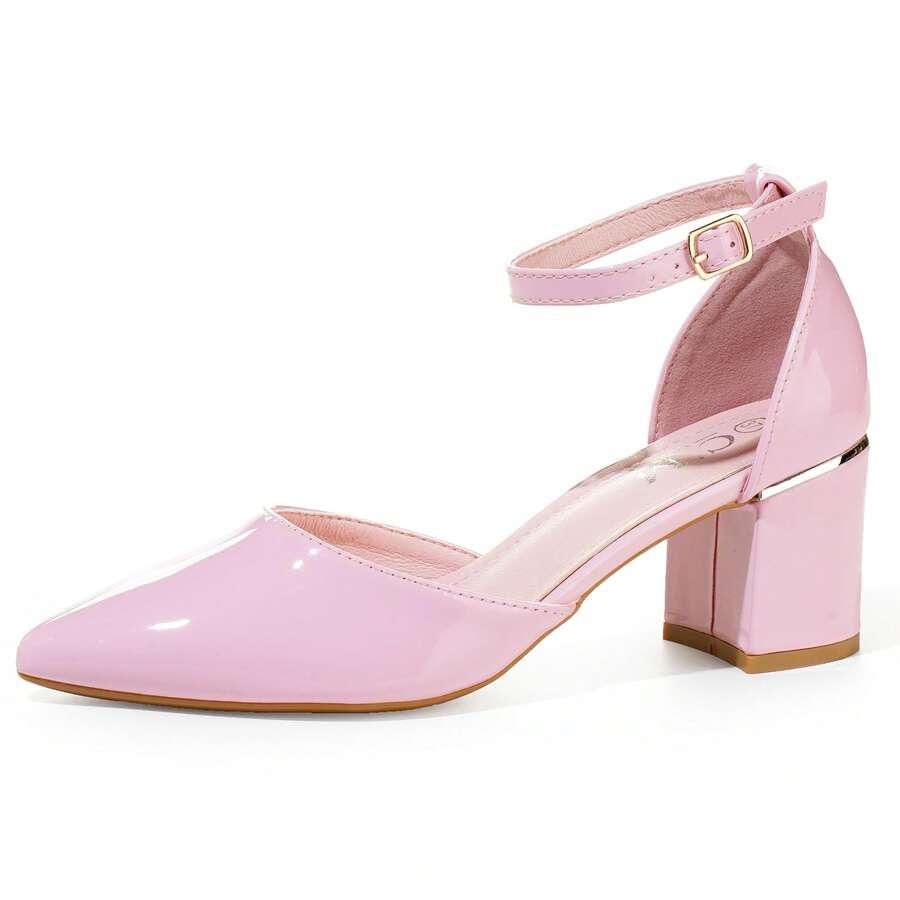 Women's Pointed Toe Chunky Heel Shoes With Ankle Strap, Elegant Design - Pink - View 1