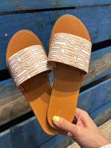 Women's Geometric Pattern Casual Flat Slide Sandals - Beige - View 2