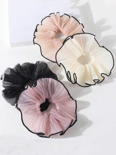 4 件套法式纯色雪纺荷叶边发圈，休闲发饰，适合日常佩戴，发髻，马尾辫发圈